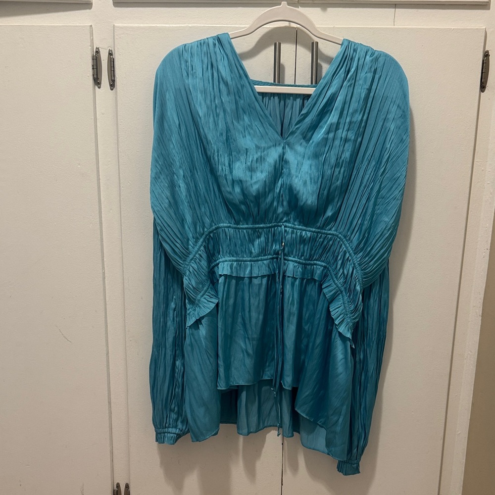 Elie Tahari Teal Blouse with Pleated Design